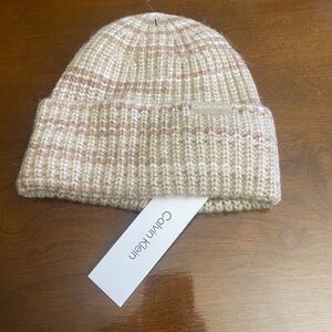 Calvin Klein Cream Stripe Hat One Size Beanie Unisex Thermal Comfort Winter NEW